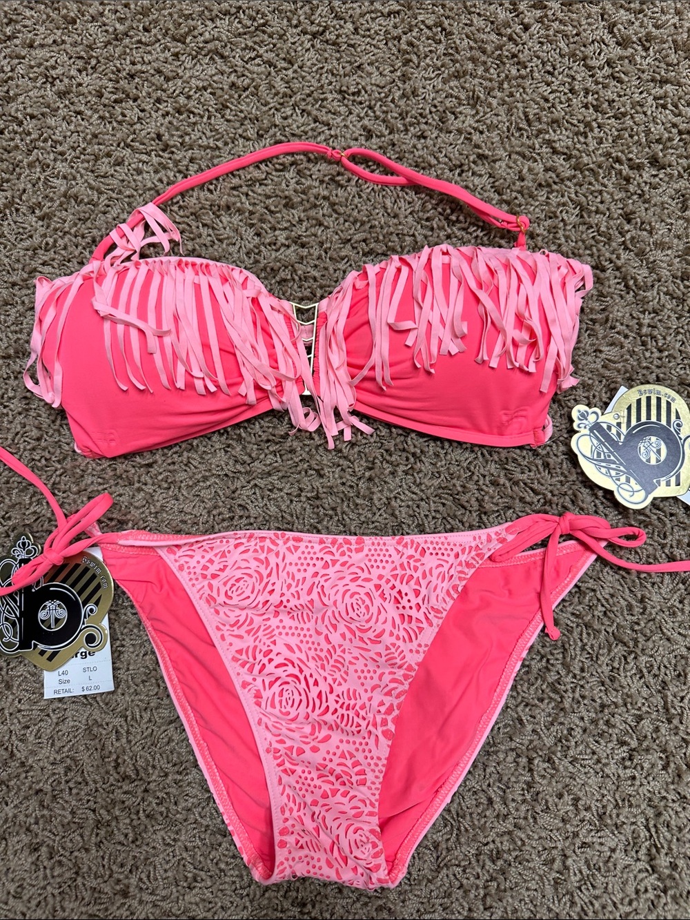 Fringe Bandeau Bikini Set - Coral Pink
